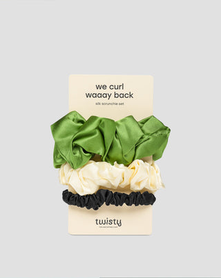Σετ ελαστικών μαλλιών από 100% φυσικό μετάξι - πράσινο, κρεμ, μαύρο Twisty 3 τεμ. - 1