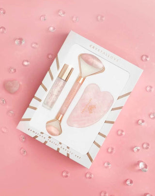 Ρολό προσώπου + πλάκα gua sha + roll-on μπουκάλι Rose quartz beauty set Crystallove - 2