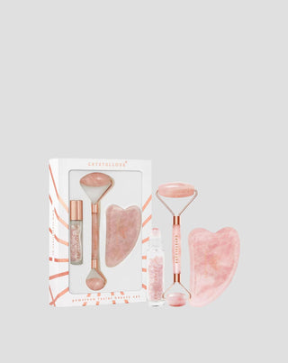 Ρολό προσώπου + πλάκα gua sha + roll-on μπουκάλι Rose quartz beauty set Crystallove - 1