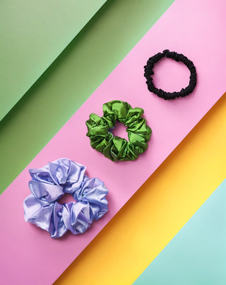 Σετ ελαστικών μαλλιών από 100% φυσικό μετάξι - μοβ, πράσινο, μαύρο Twisty 3 τεμ. - 3