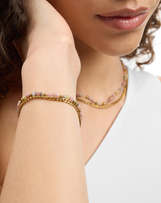 Κολιέ από επιχρυσωμένο ανοξείδωτο ατσάλι με ροζ και λεμονί νεφρίτη Mys_2 - 3