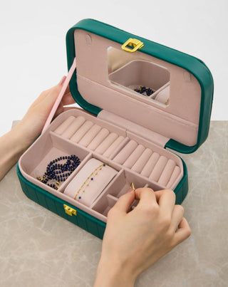 Μεγάλο κουτί κοσμημάτων με θήκες, ρολά και καθρέφτη, πράσινο Mys_1 - 2
